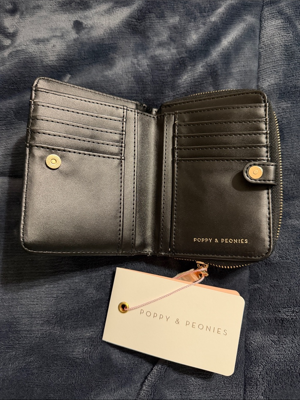 Poppy & Peonies Black Leather Compact Card Holder Wallet